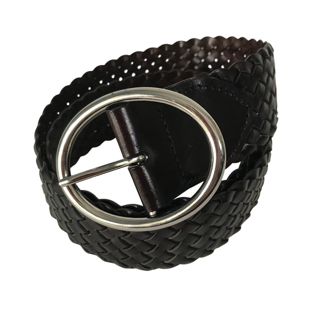 New York and Company Belt Medium Large Womens Leather Dark Brown Woven Buckle